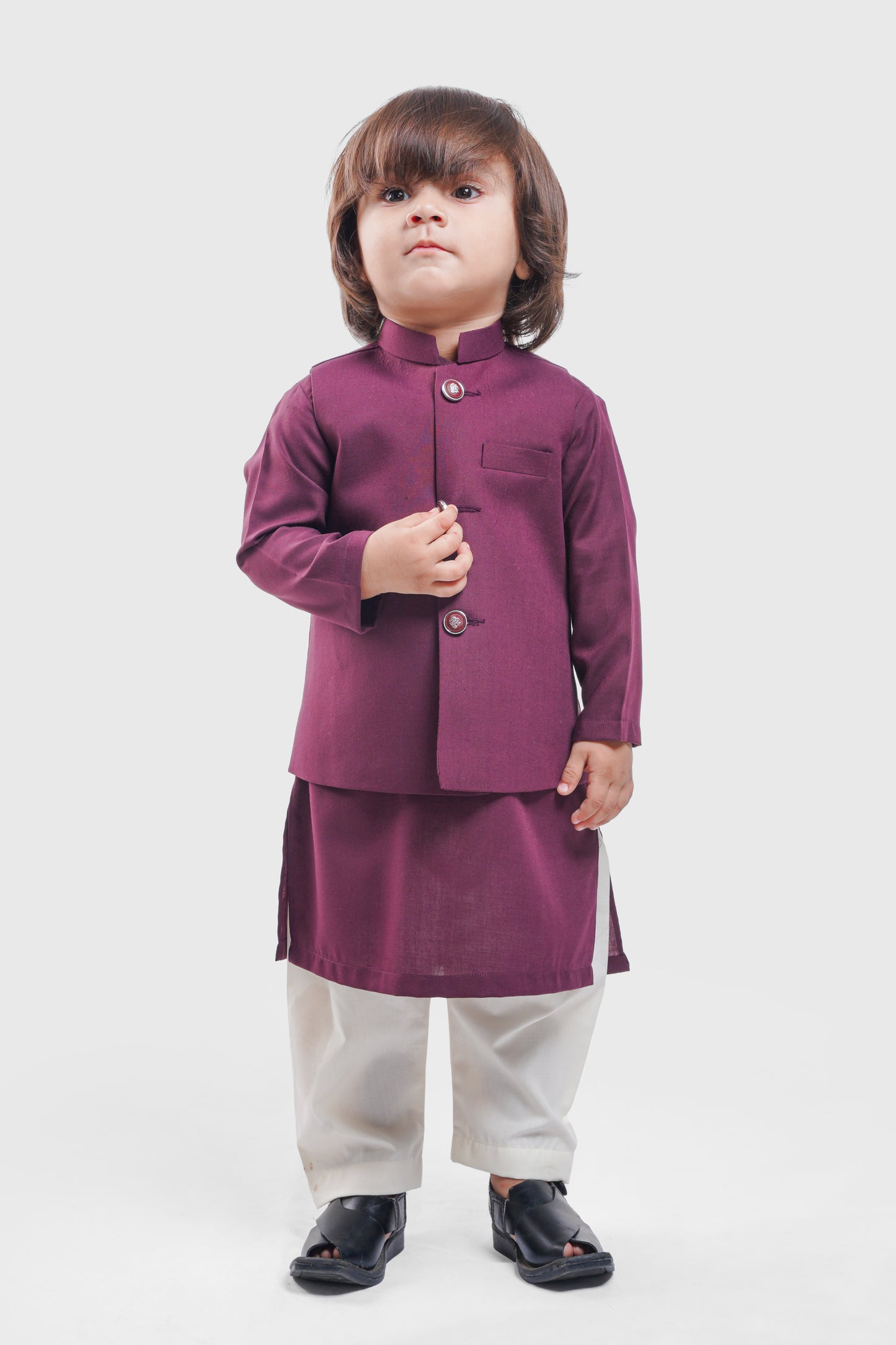 Plum Purple Waistcoat & Kurta - White Pajama