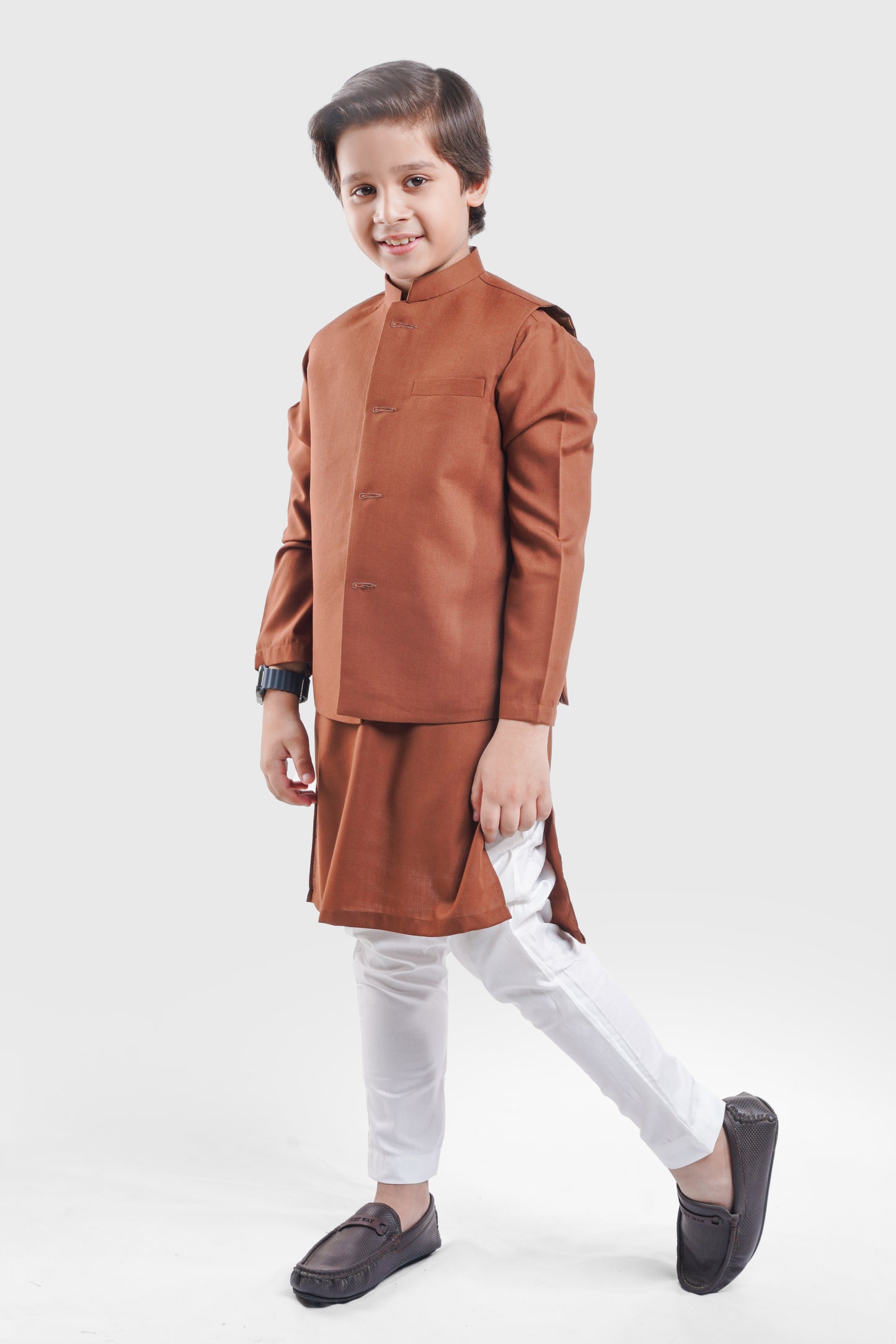 Mocha Brown Waistcoat & Kurta - White Pajama