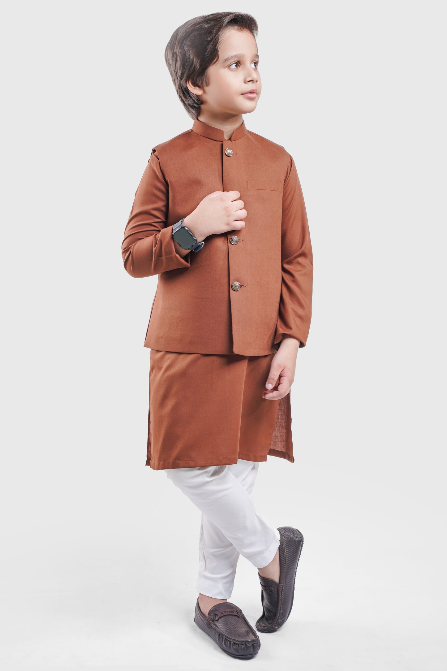Mocha Brown Waistcoat & Kurta - White Pajama
