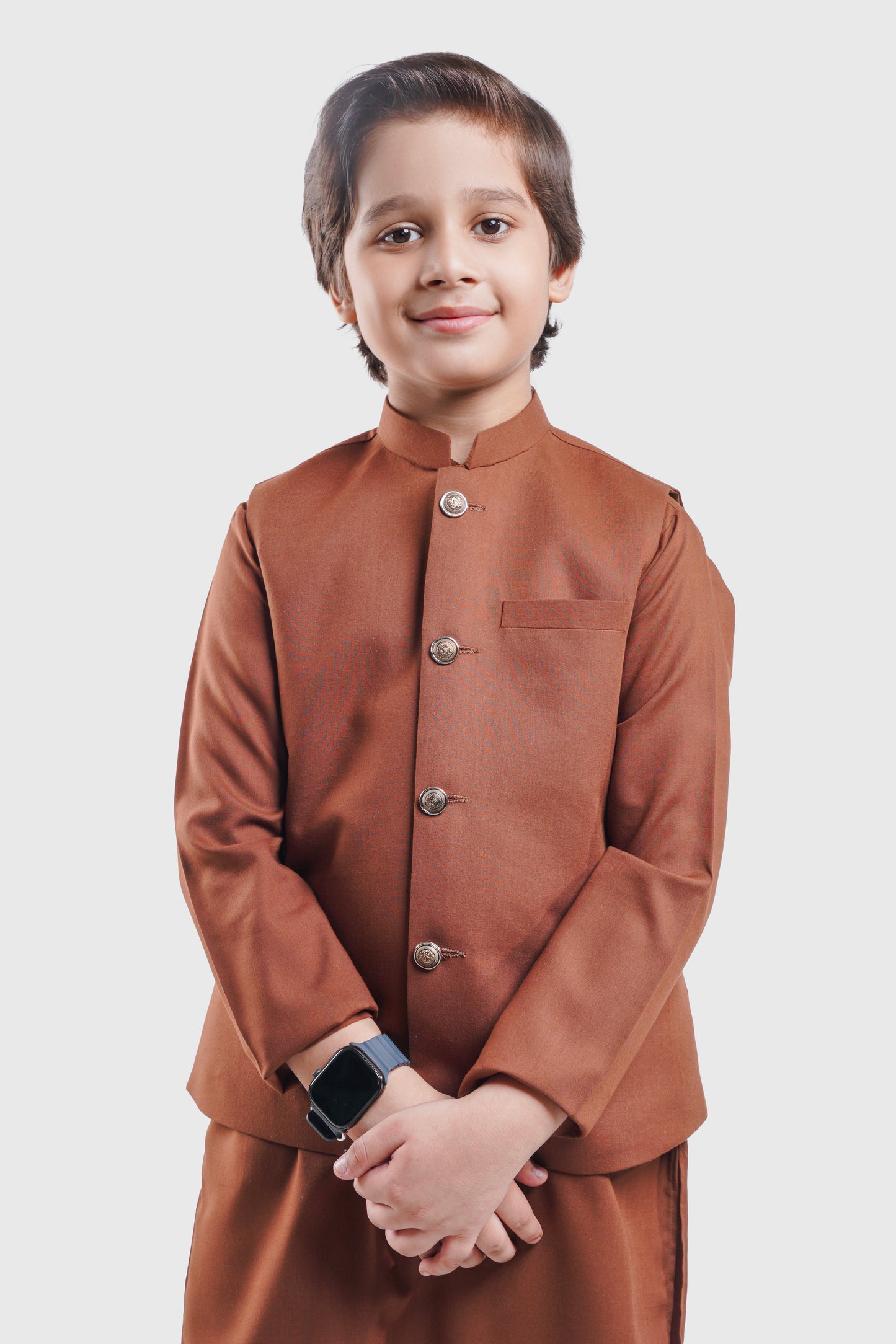 Mocha Brown Waistcoat & Kurta - White Pajama