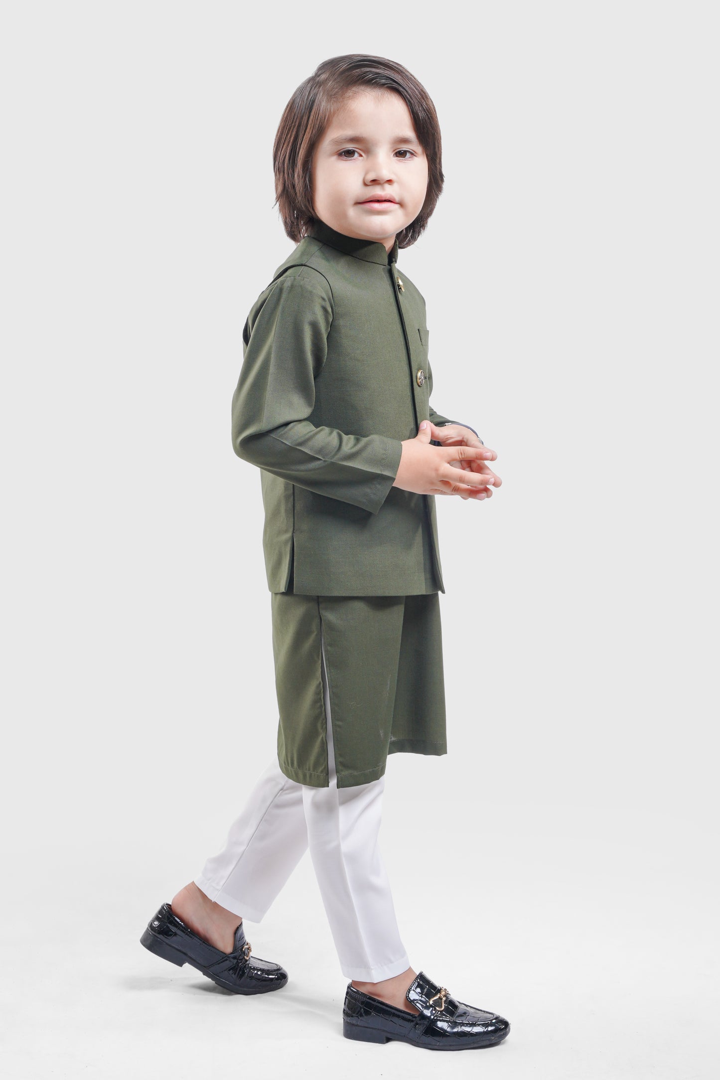 Olive Green Waistcoat & Kurta - White Pajama