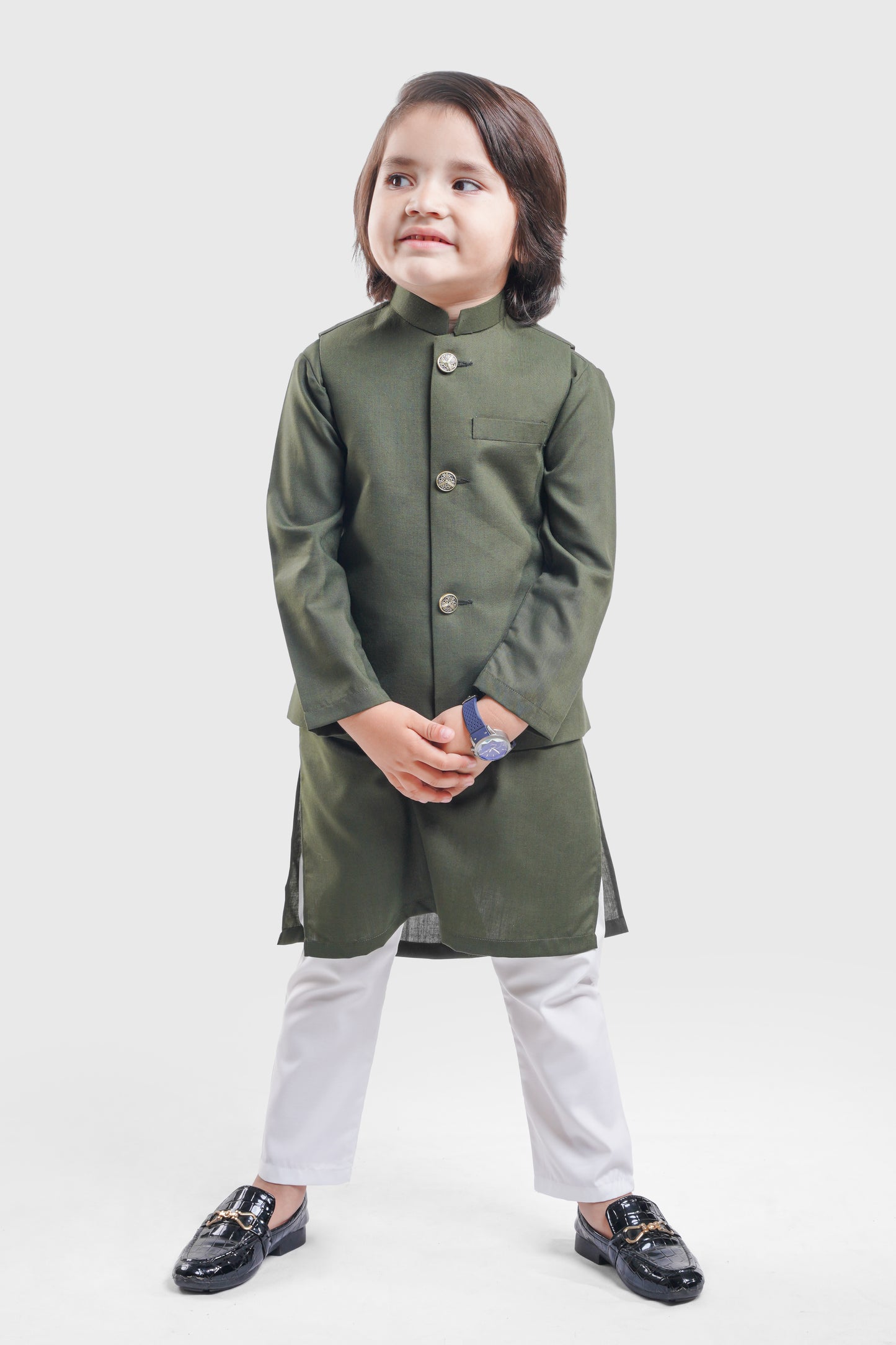 Olive Green Waistcoat & Kurta - White Pajama