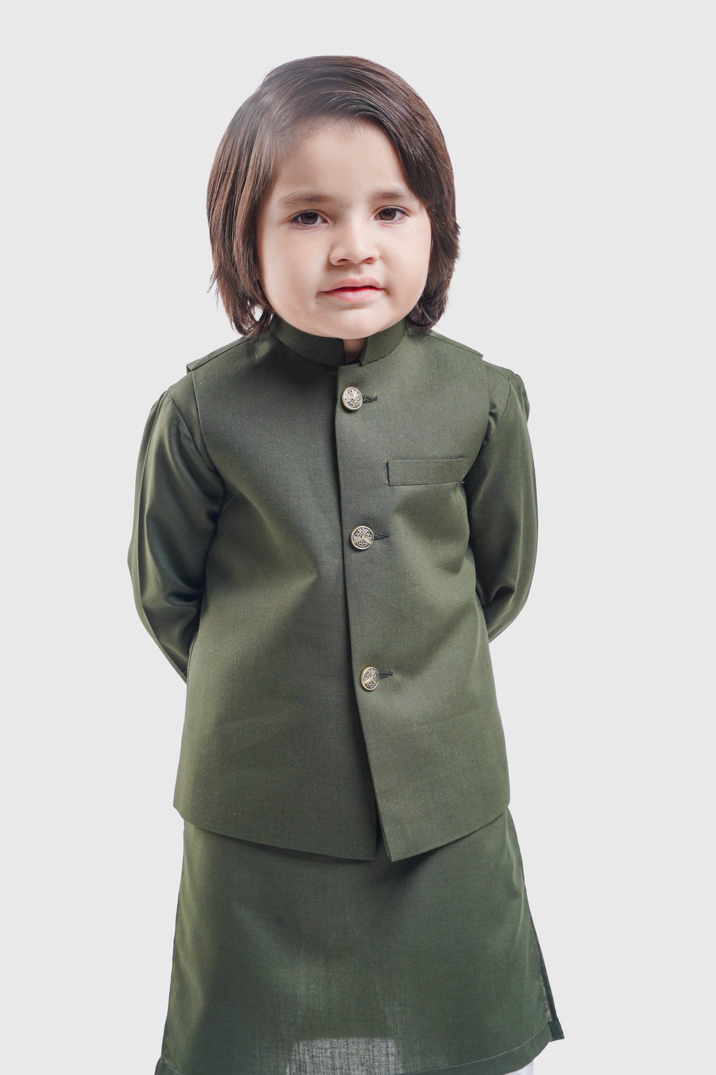 Olive Green Waistcoat & Kurta - White Pajama