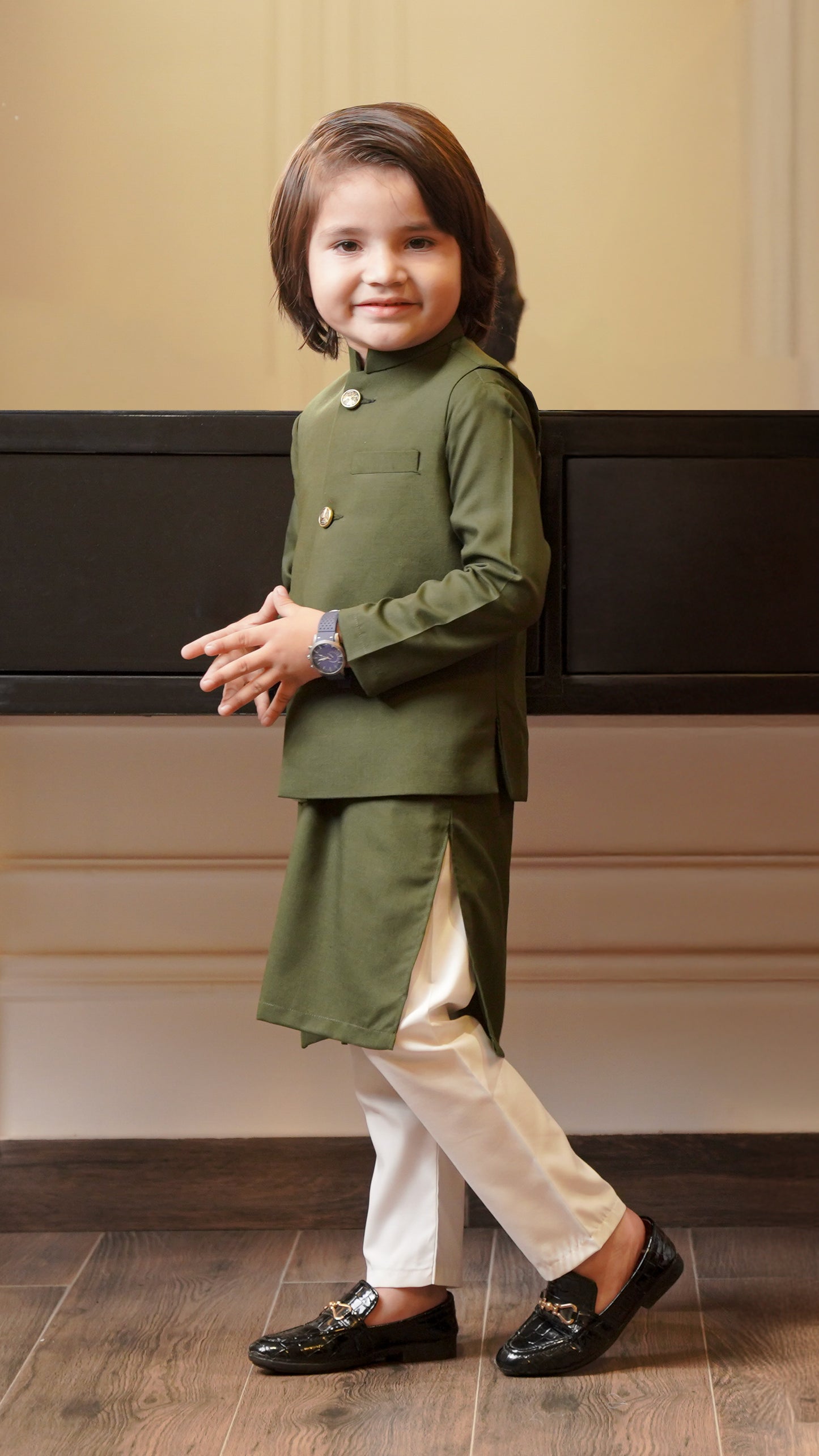 Olive Green Waistcoat & Kurta - White Pajama