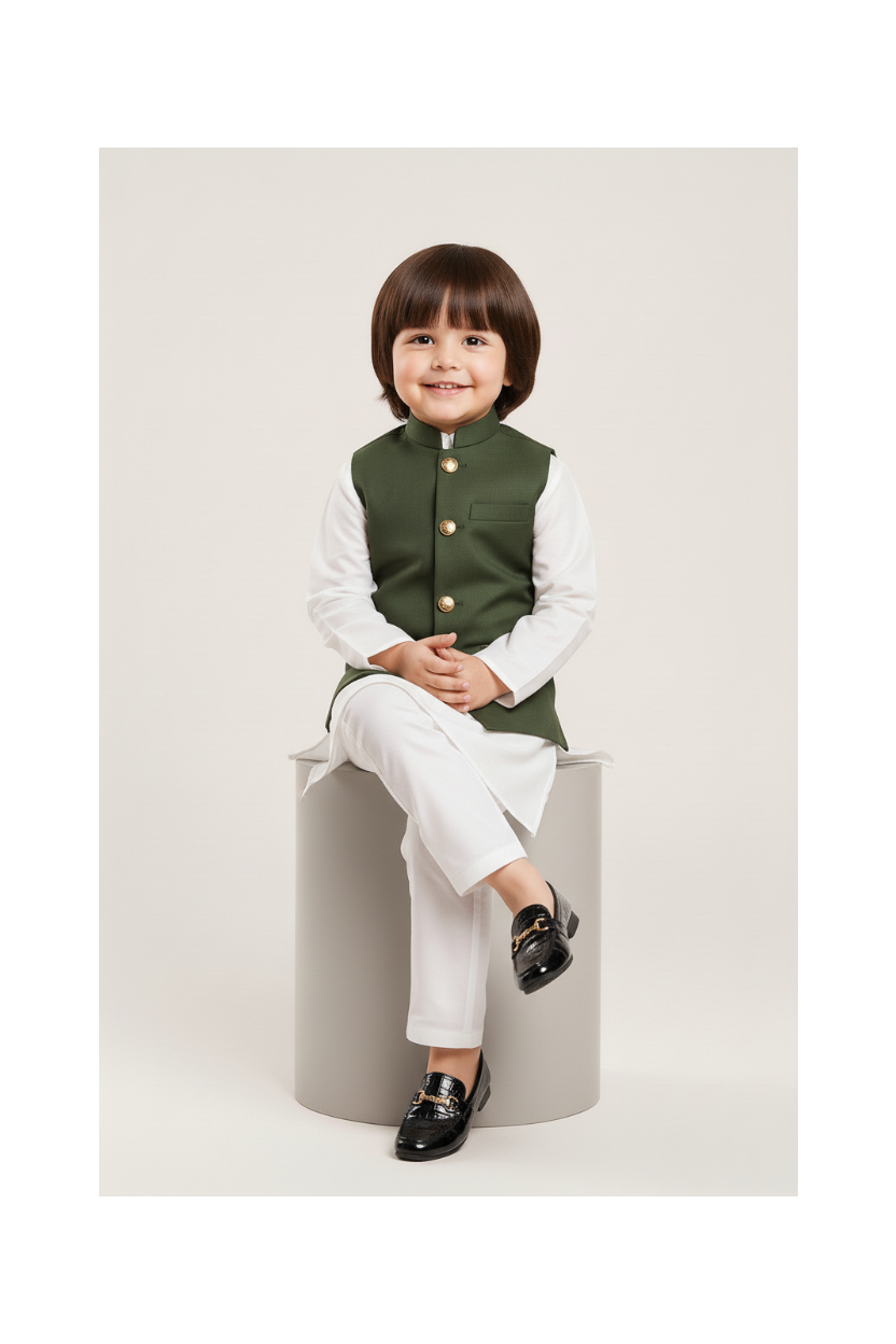Green waist coat and white kurta pajama
