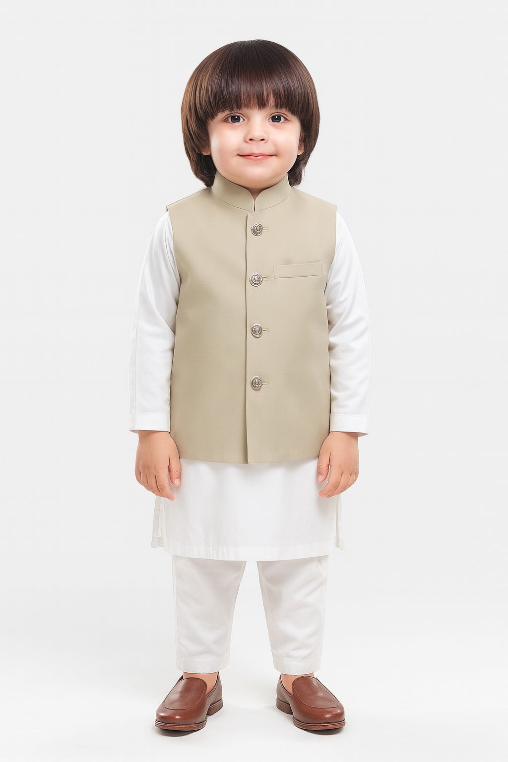 Beige Waist Coat & Off White Kurta Pajama