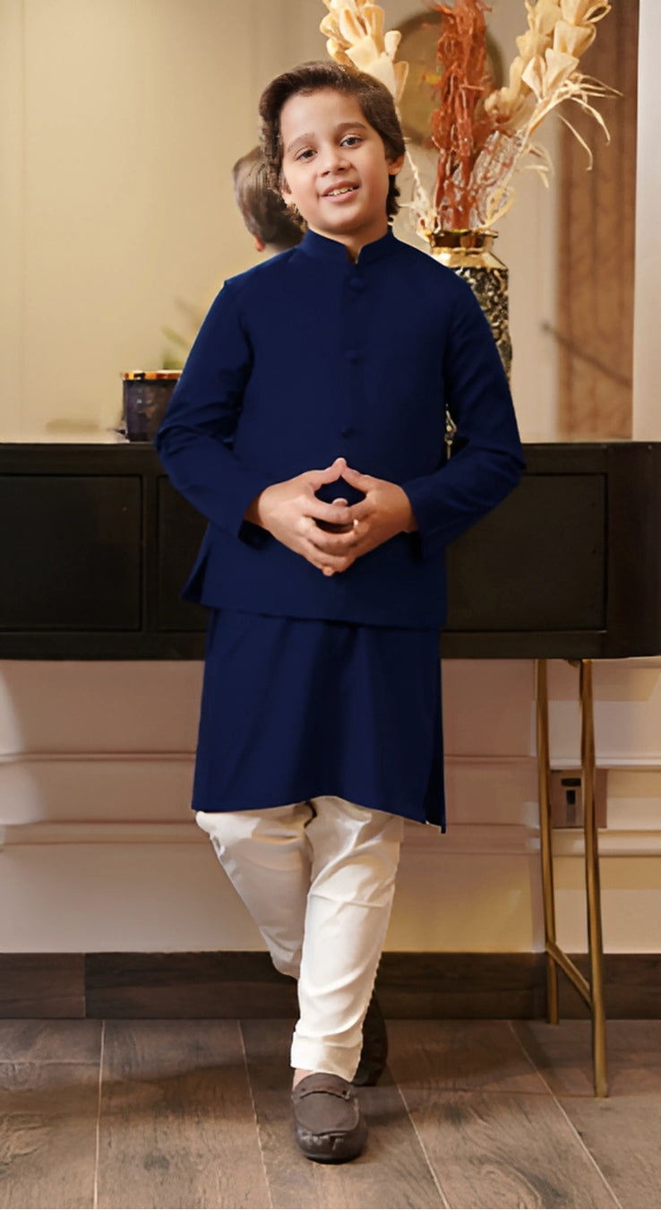 Navy blue kurta pajama and waist coat