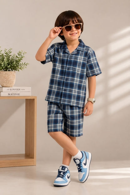 Blue Cuban Check Shirt and Shorts Set