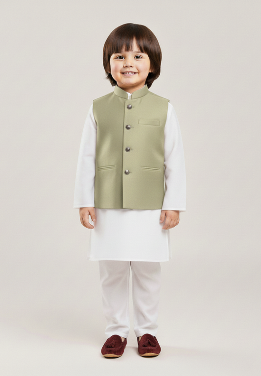 Beige Waist Coat & Off White Kurta Pajama