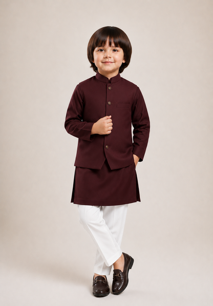 maroon waist coat and kurta pajama