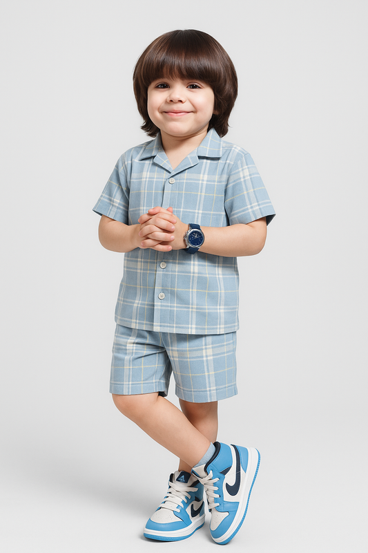 Blue Cuban Check Shirt and Shorts Set