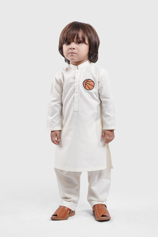 Ball Embroidered - Creamy White Kurta Pajama