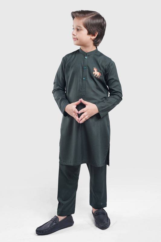 Horse Embroidered - Ultra Dark Green Kurta Pajama