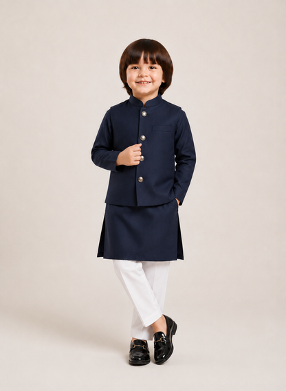 Navy blue kurta pajama and waist coat