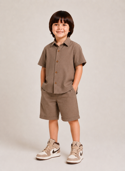 Stone Brown Shirt & Shorts Co-Ord Set