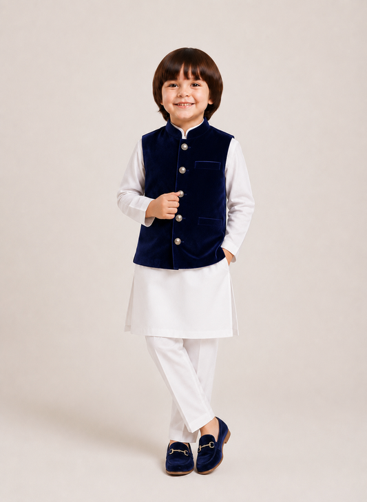 Dark Blue Premium Velvet Waistcoat with White Kurta Pajama