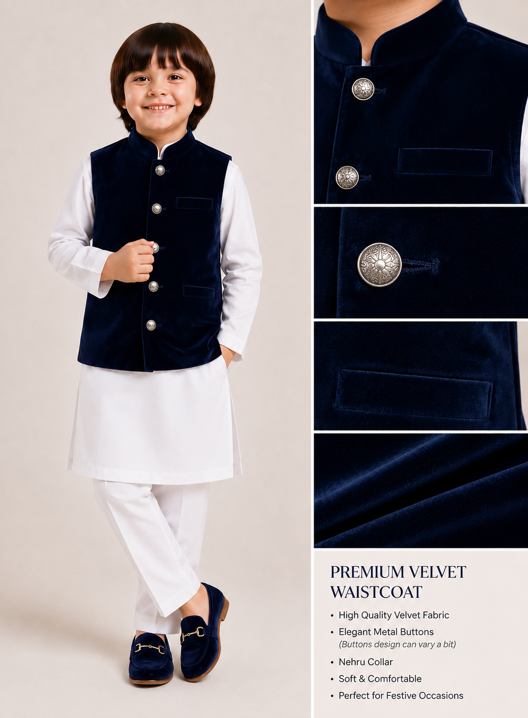 Dark Blue Premium Velvet Waistcoat with White Kurta Pajama