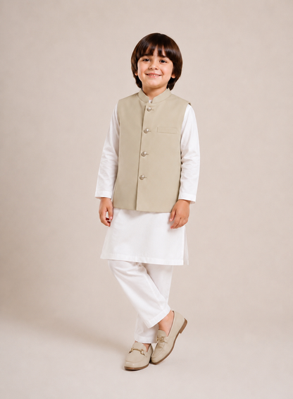 Beige Waist Coat & Off White Kurta Pajama
