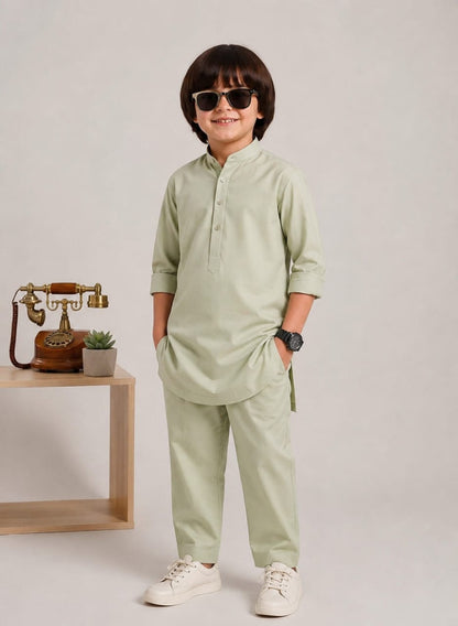 Boys Pistachio Green Kurta Shalwar Set – Summer Wash & Wear Suit