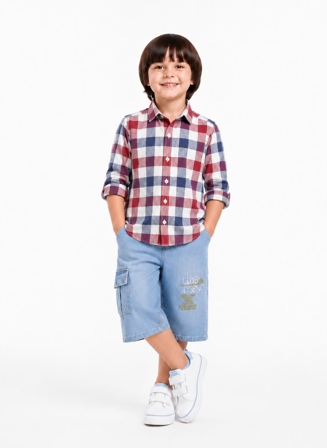 Boys Summer Checkered Shirt & Denim Cargo Shorts Set – Kids Casual Summer Outfit (1-8 Years)