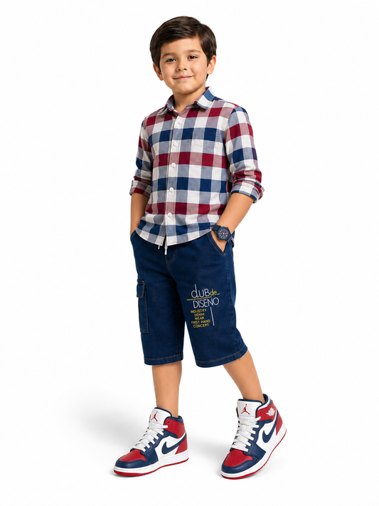 Boys Summer Checkered Shirt & Denim Cargo Shorts Set – Kids Casual Summer Outfit (1-8 Years)