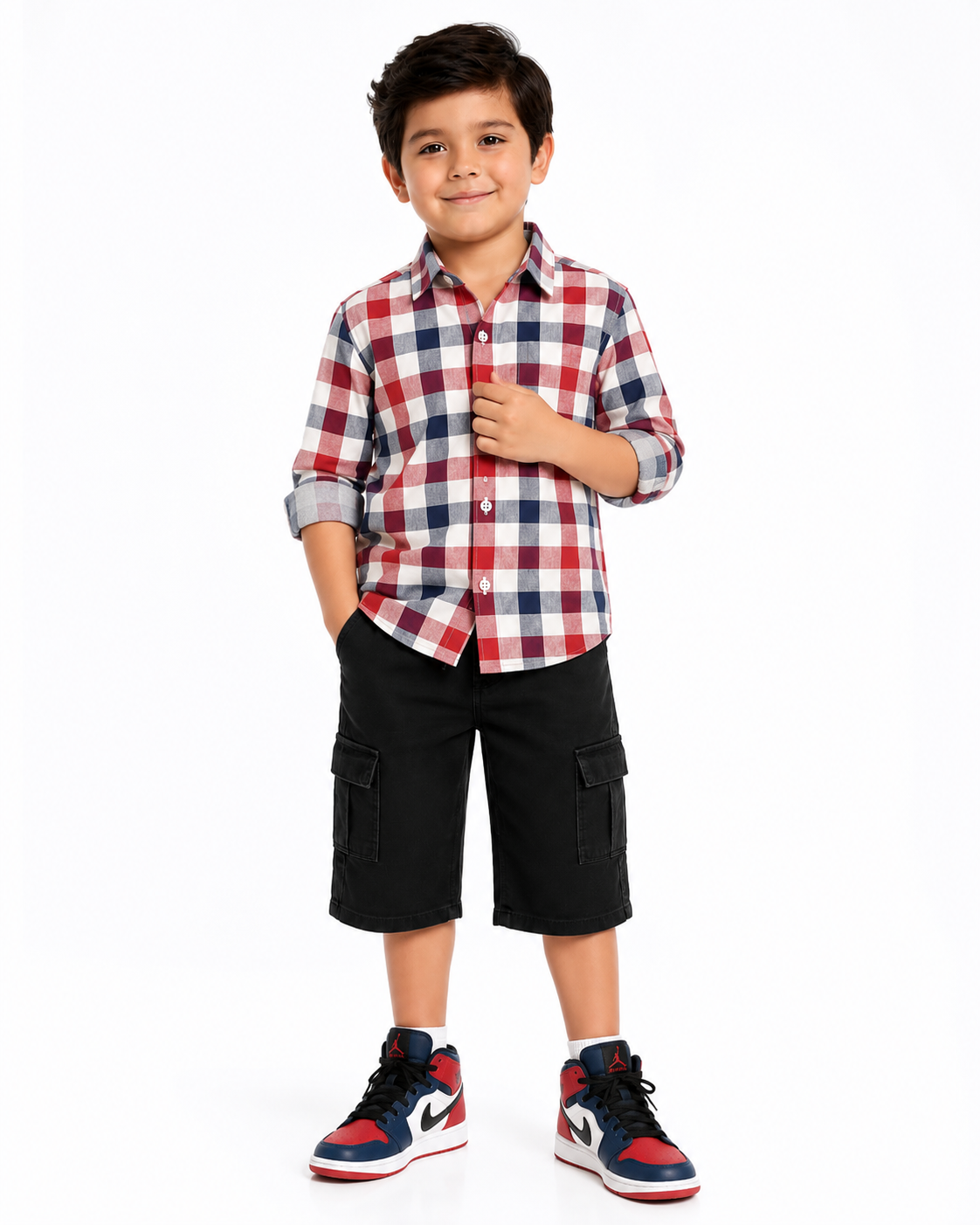 Boys Checkered Shirt & Jet Black Denim Cargo Shorts Set – Kids Casual Summer Outfit (1-8 Years)