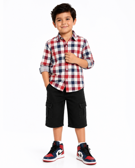Boys Summer Checkered Shirt & Jet Black Denim Cargo Shorts Set – Kids Casual Summer Outfit (1-8 Years)