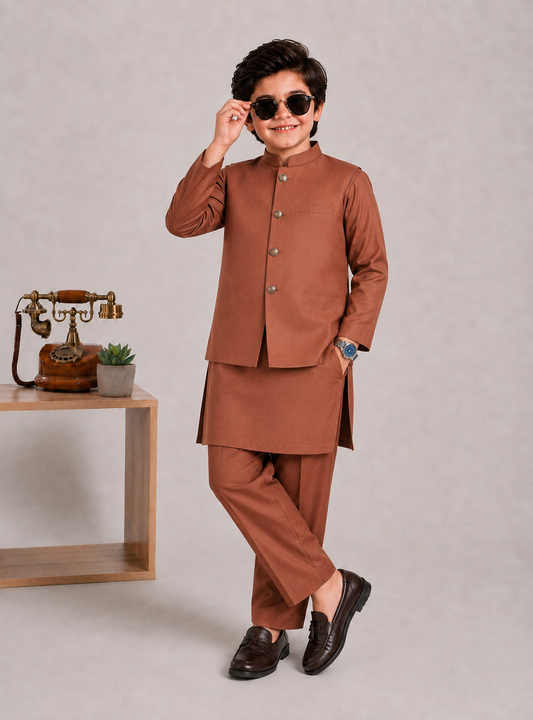 Mocha Brown Waistcoat & Kurta - White Pajama