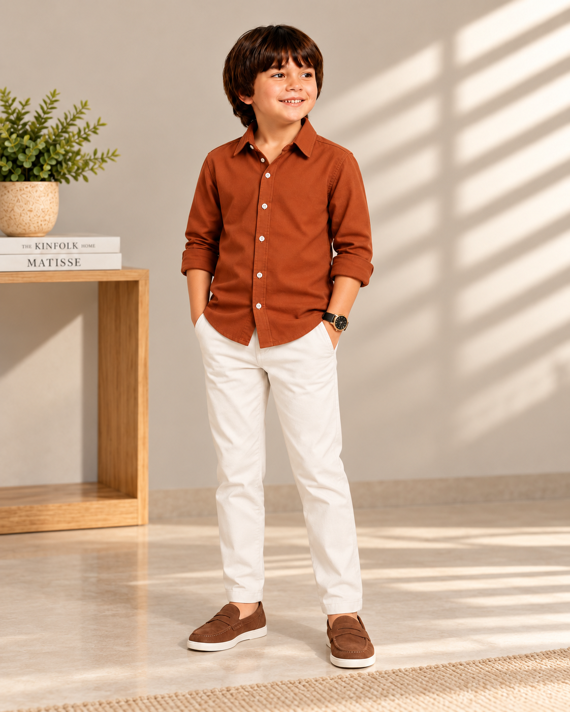 Rust Brown Boys Shirt & White Trouser Set | Premium Smart Casual Kids Outfit