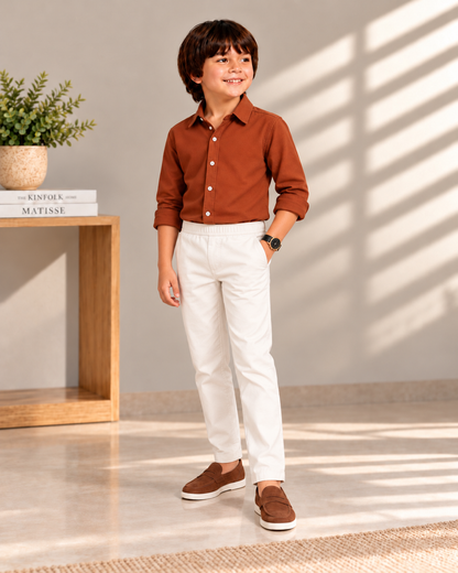 Rust Brown Boys Shirt & White Trouser Set | Premium Smart Casual Kids Outfit