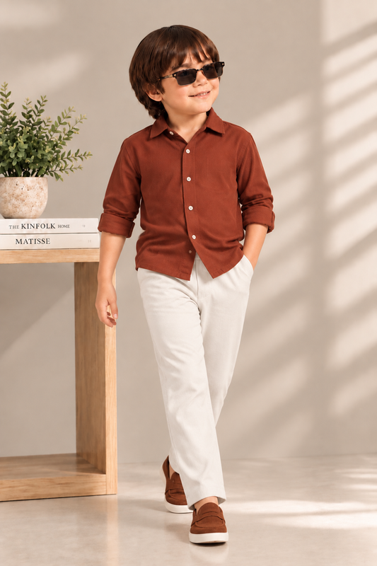 Rust Brown Boys Shirt & White Trouser Set | Premium Smart Casual Kids Outfit