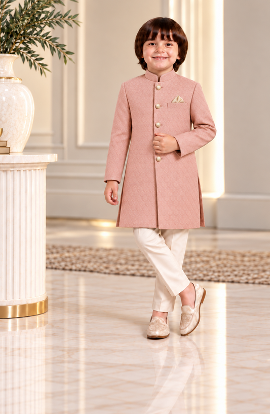 Little Nawab Tea Pink Jacquard Sherwani for Boys – Luxury Kids Wedding & Eid Wear (1–10 Years)