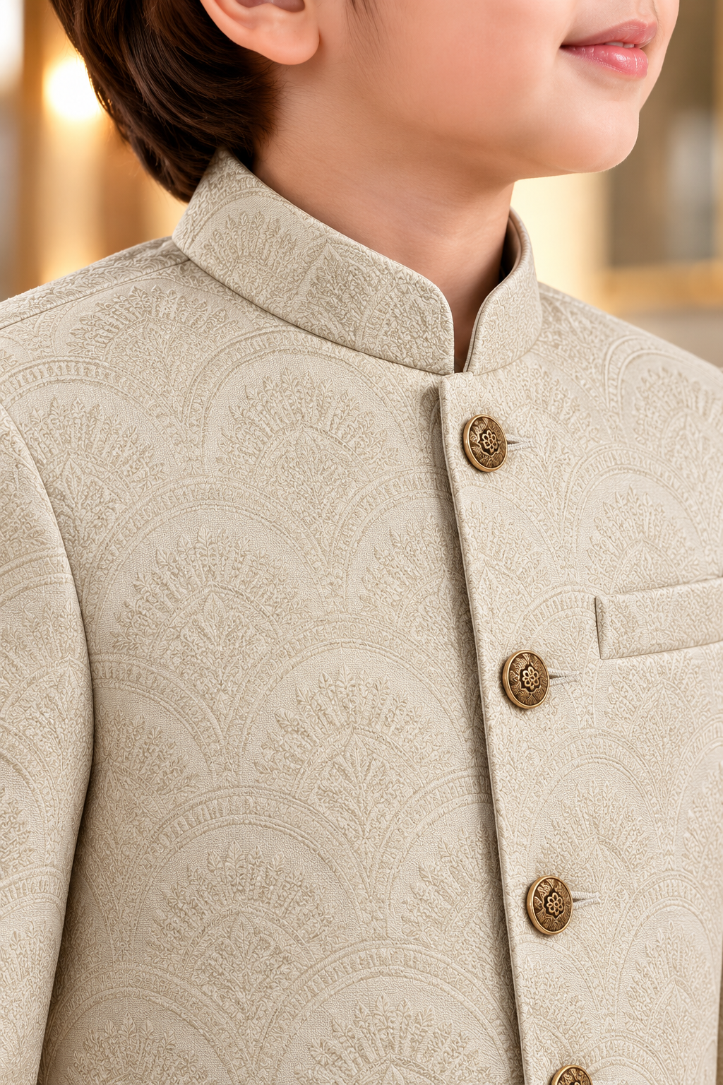 Premium Kashmiri Gold Jacquard Sherwani for Boys – Luxury Kids Wedding & Eid Wear (1–10 Years)