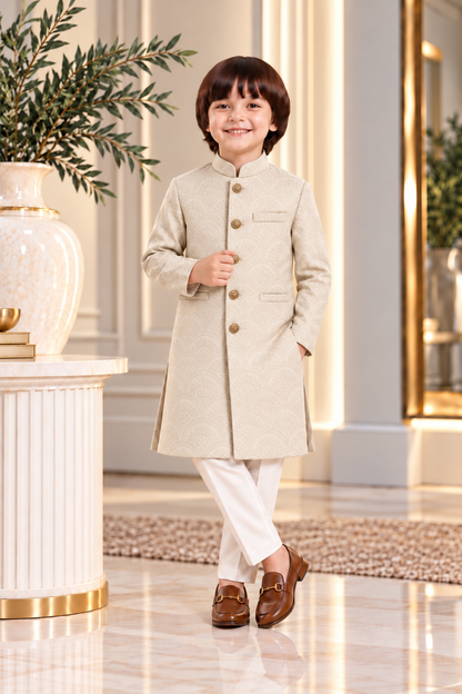 Premium Kashmiri Gold Jacquard Sherwani for Boys – Luxury Kids Wedding & Eid Wear (1–10 Years)