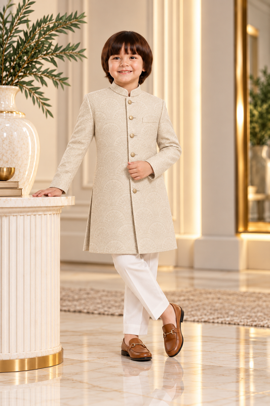Premium Kashmiri Gold Jacquard Sherwani for Boys – Luxury Kids Wedding & Eid Wear (1–10 Years)