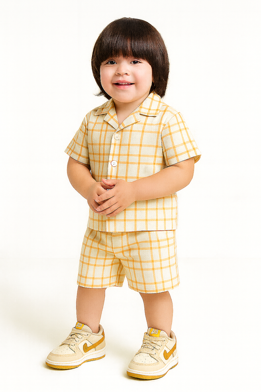 Cream mustard check set ( shirt + shorts )