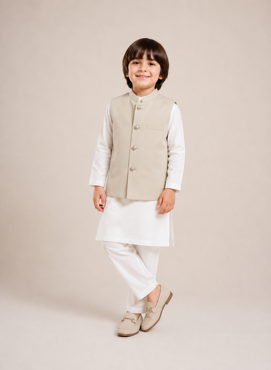Beige Waist Coat & Off White Kurta Pajama