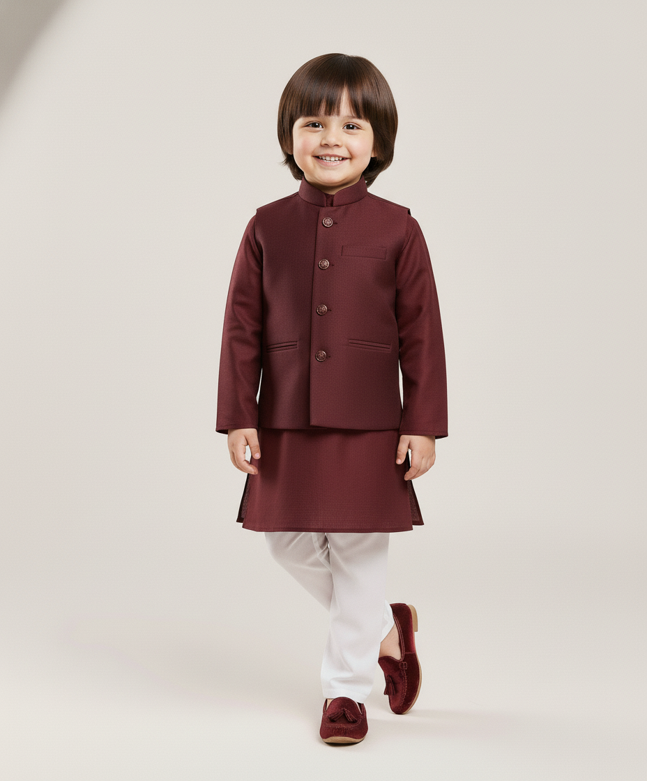 maroon waist coat and kurta pajama