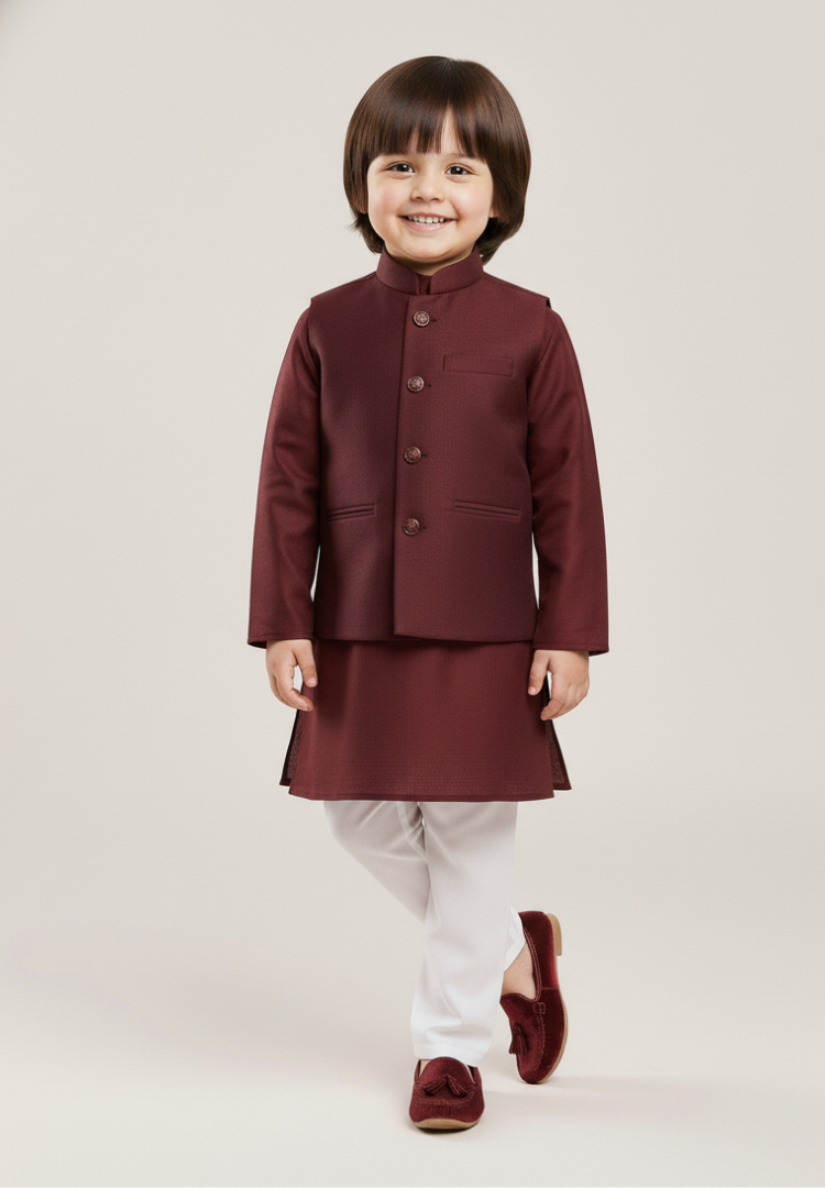 maroon waist coat and kurta pajama