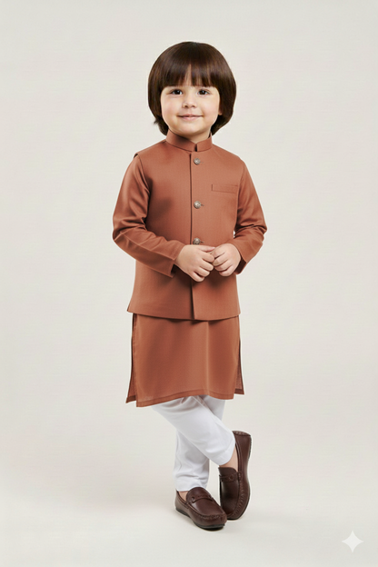 Mocha Brown Waistcoat & Kurta - White Pajama