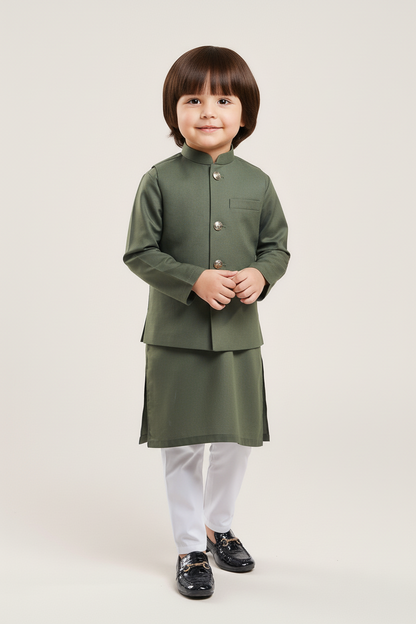 Olive Green Waistcoat & Kurta - White Pajama