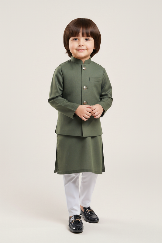 Olive Green Waistcoat & Kurta - White Pajama
