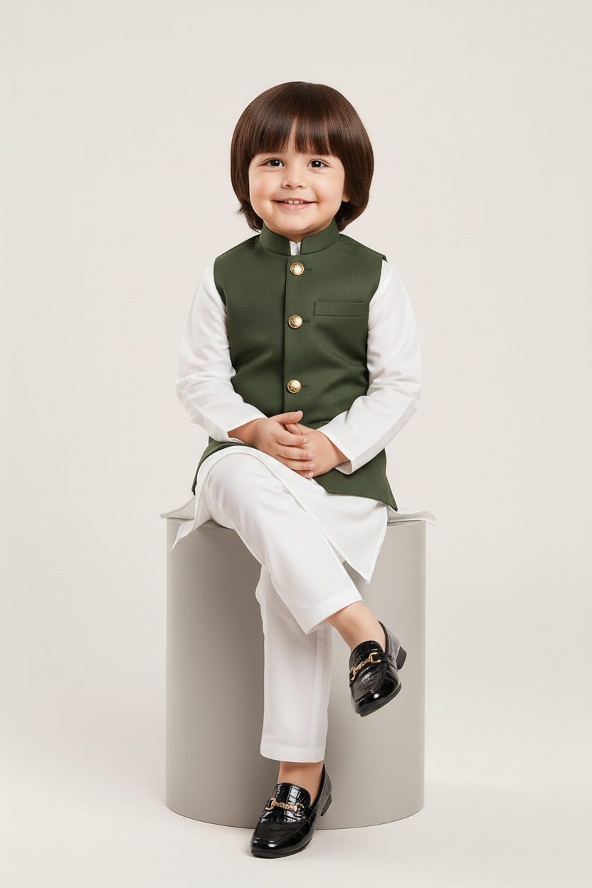 Green waist coat and white kurta pajama