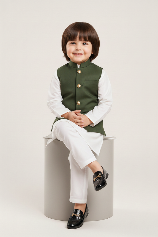 Green waist coat and white kurta pajama