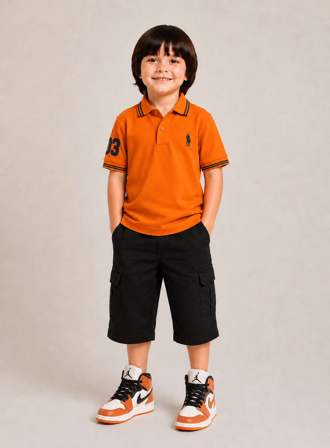 Orange polo and Black Cargo shorts