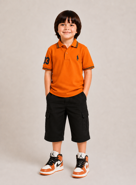 Orange polo and Black Cargo shorts