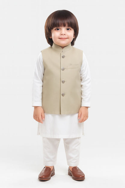 Beige Waist Coat & Off White Kurta Pajama