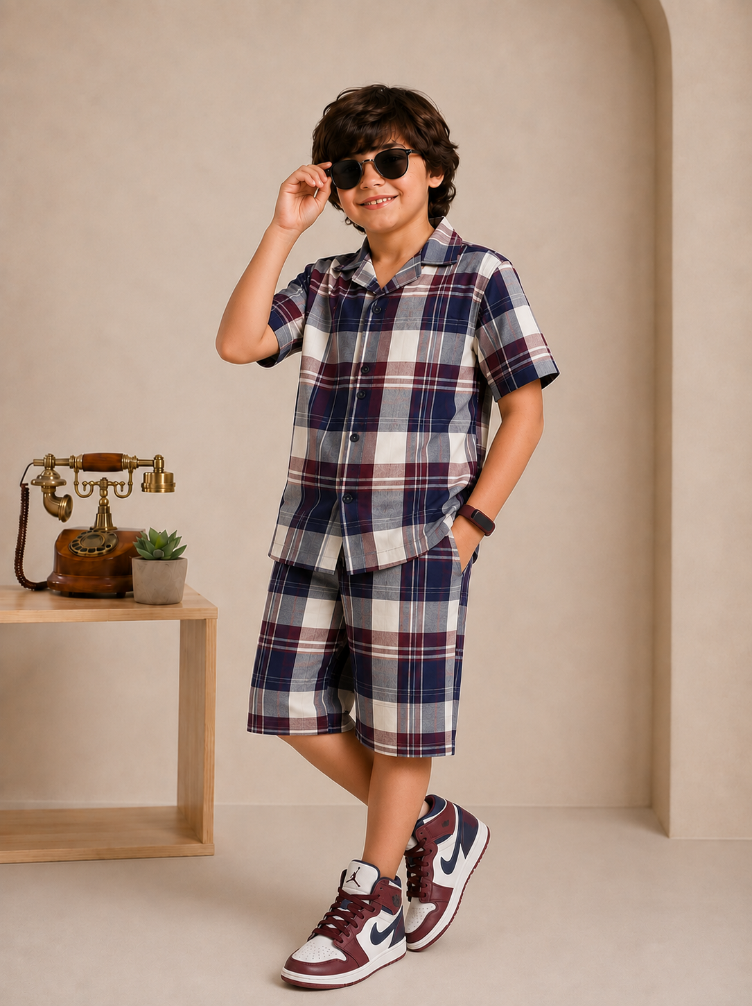 Maroon check shirt and Shorts
