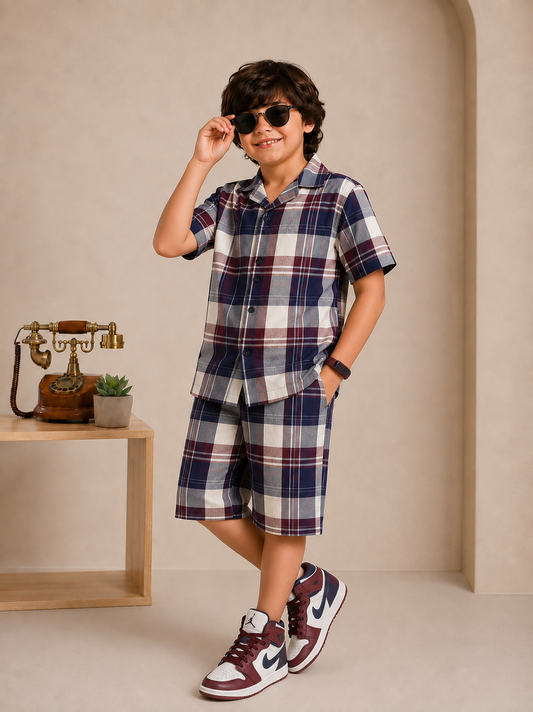 Maroon check shirt and Shorts
