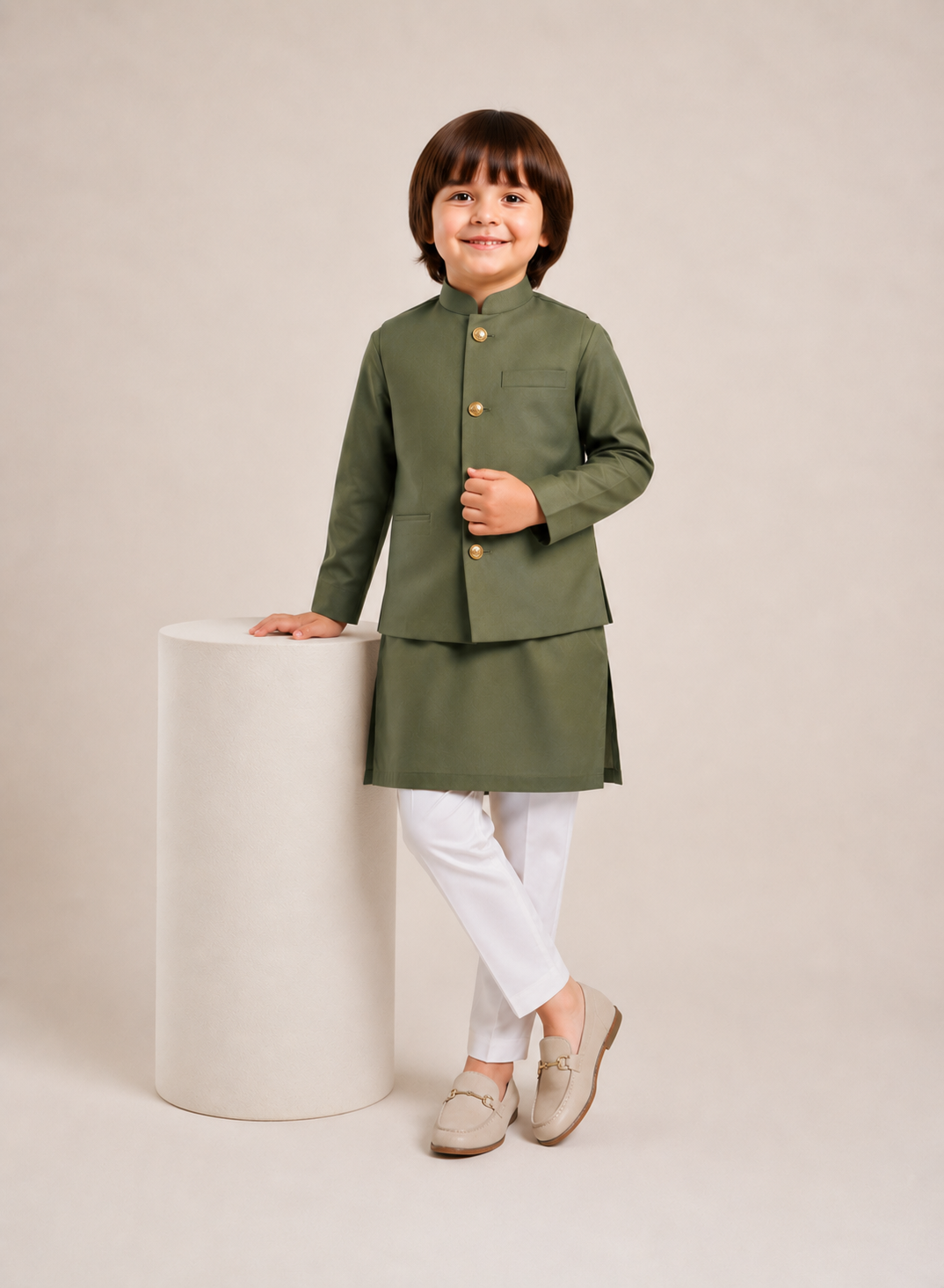 Olive Green Waistcoat & Kurta - White Pajama